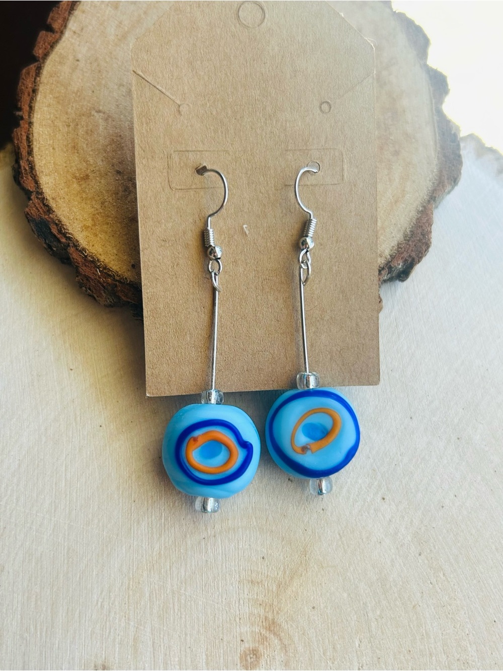 Blue Swirl Glass Bead Drop Earrings - Picture 4 of 6